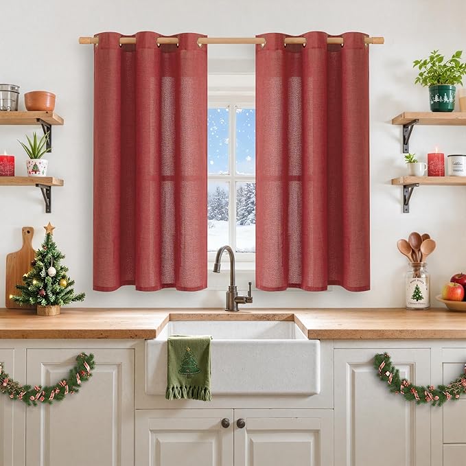 YoungsTex Burgundy Red Linen Curtains 45 Inch Length, Short Light Filtering Drapes with Bronze Grommet Semi Sheer Privacy for Bedroom Living Room Window, 42 x 45 Inch, 2 Panels