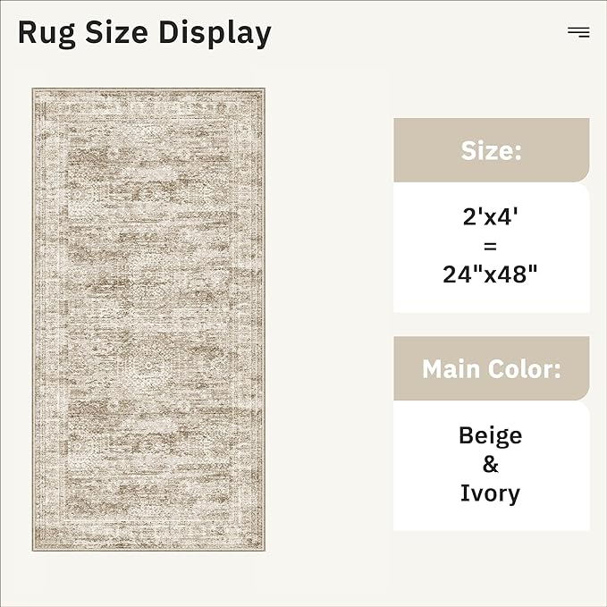 Soalmost 2x4 Washable Rugs for Kitchen, Floor, Entryway, Powder Room Small Area Rug Non-Slip Vintage Low Pile Throw Door Mat Brown