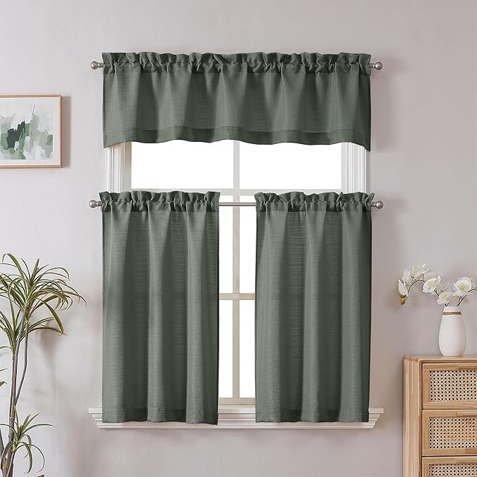 Chyhomenyc Olive Green Faux Linen Textured Small Cafe Curtains, Light Filtering, 30x30 Inch, 2PCS