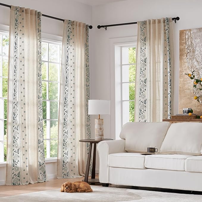 jinchan Winslow Linen Curtains for Bedroom 108 Inches Length Embroidered Bordered Floral Curtains for Living Room Farmhouse Decor Light Filtering Window Treatments Blue on Beige Drapes 2 Panels