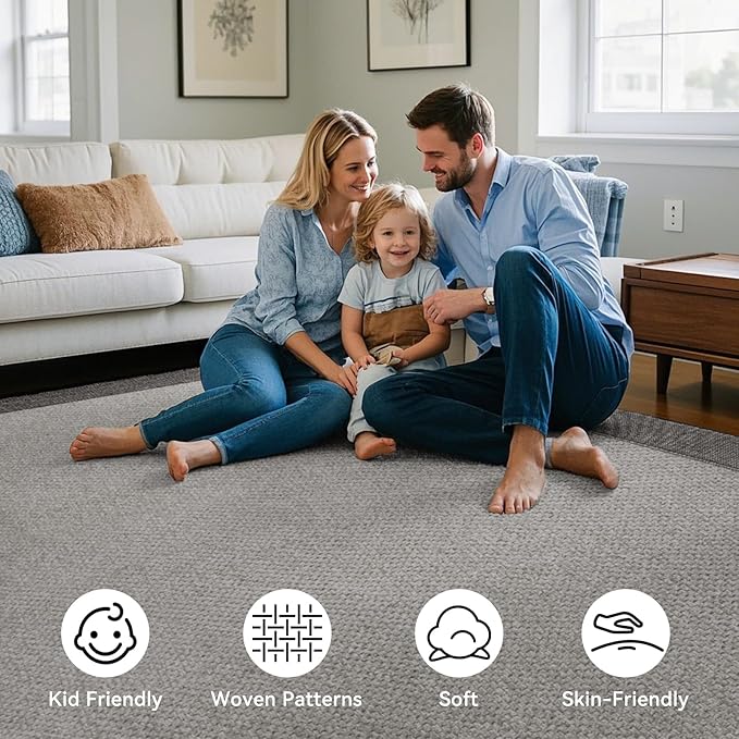 YDKGL Washable Area Rug 5x7 Large Jute Like Rug for Living Room, Soft Non Slip Rugs Carpet for Dining Room Bedroom Cotton Boho Woven Braided Rugs Home Office Decor, Grey