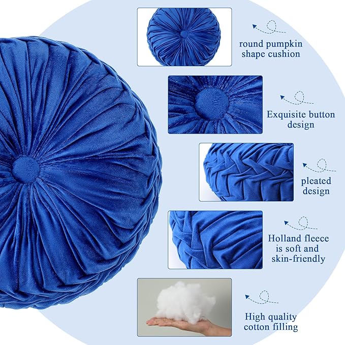 Drydiet 1 Pcs Round Throw Velvet Pillows Decorative Pleated Throw Pillows 15'' Diameter Accent Pumpkin Boho Chair Cushion for Couch Sofa Home Decoration (Navy Blue)
