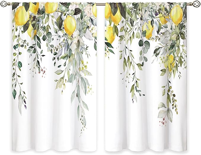 Yellow Lemon Eucalyptus Botanical Leaves Floral Kitchen Window Curtains Farmhouse Flower Leaf Small Treatment Sage Green Cafe Short Curtains for Bathroom Treatment Tier Drapes 26x30 inch