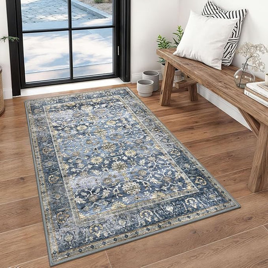 KUTA Vintage Floral 3x5 Entryway Rug, Area Rugs for Living Room Blue Grey Beige Washable Kitchen Carpet Non-Slip, Ultra Thin Soft Printed Distressed Oriental Entry Low-Pile Throw for Dining Room Dorm