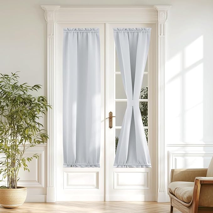 NICETOWN Glass Door Curtain - Window Treatments Panels Solid Energy Efficient Rod Pocket for Metal French Patio Door Panel with Tieback, 20 x 72 inches, Greyish White, 1 Piece