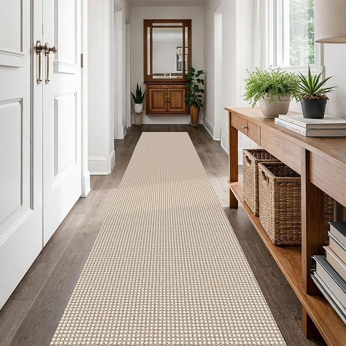 IOHOUZE Washable Runner Rug 2x12 Non Slip Rubber Backed Extra Long Hallway Runner Entryway Runner Indoor, Kitchen Rugs Woven Cotton Floor Carpet for Hall Entrance, Beige/Khaki