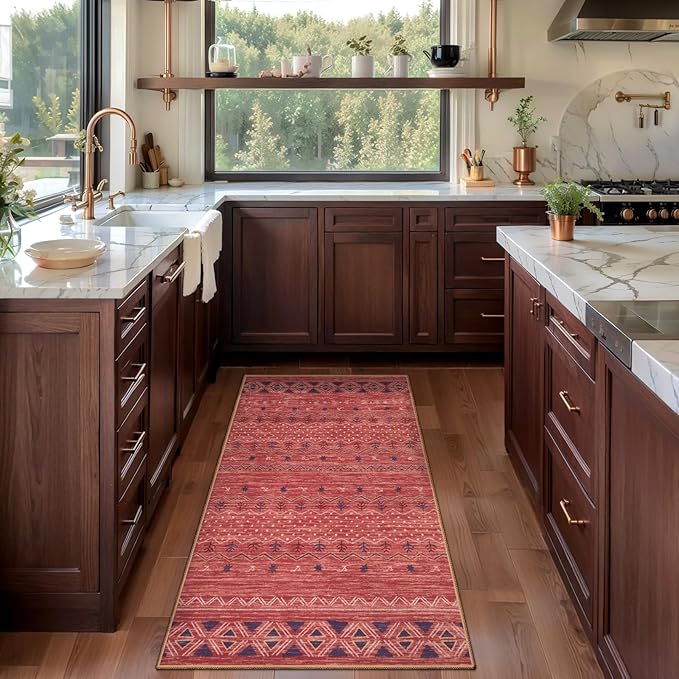 SERISSA 2x4 Rugs for Entryway, Washable Non-Slip Kitchen Runner Rug Small Red Ochre Rug, Soft Low-Pile Boho Geometric Door Mat Indoor Entrance Front Door Carpet for Bedroom Bathroom