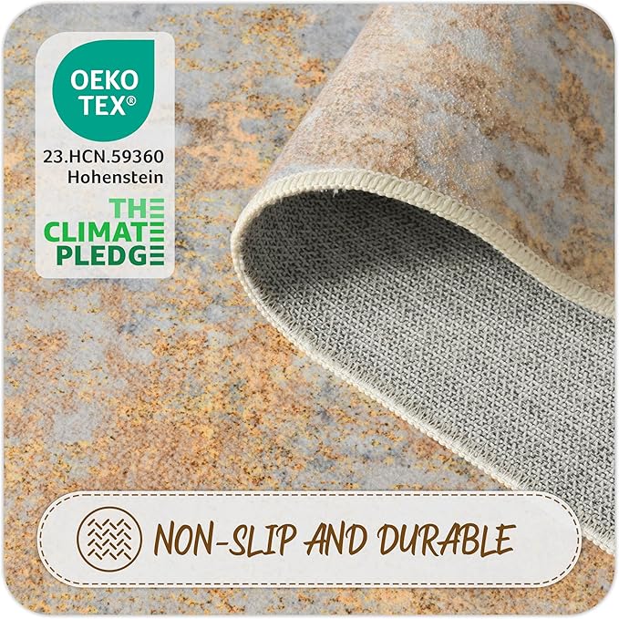 Beige Gold Round Area Rugs 4ft Washable Circle Rug for Entryway Kitchen, Non Slip Soft Low Pile Stain Resistant, Boho Circular Carpet for Living Room Bedroom Dorm Dining Room Table, Abstract Tan