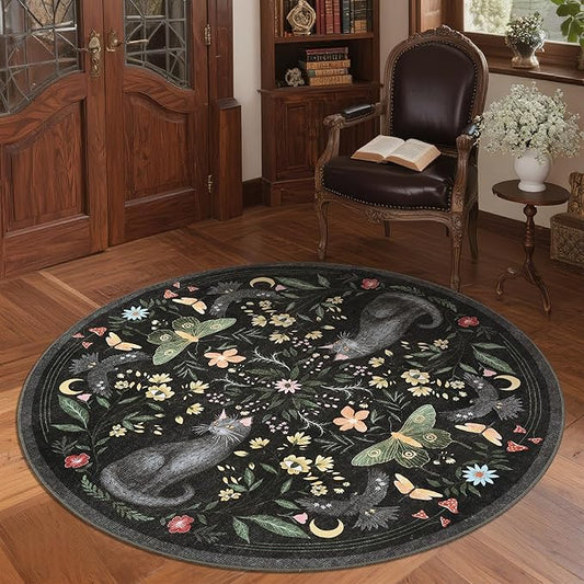 GarveeHome Round Area Rugs 5ft for Bedroom, Cat Black Washable Circle Rug Soft Non Slip Mushroom Floral Floor Mat Carpet Indoor Thin Rug for Bedroom Dining Room Playroom Nursery Gothic Decor