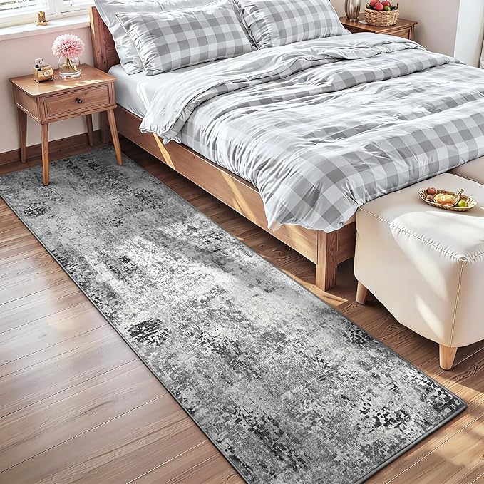 2x7 Grey Rug Runners for Hallways Kitchen Runner Rug Non Slip Washable Black Long Runner Rugs with Rubber Backing Soft Abstract Carpet Runner for Bedroom, Kitchen, Bathroom, Entryway