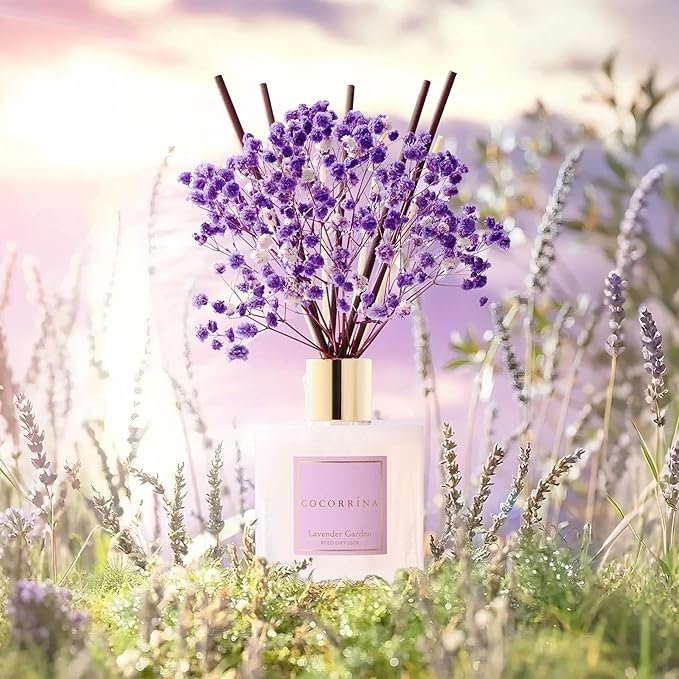 COCORR??NA Reed Diffuser - Lavender Garden 6.7 Fl.oz Reed Diffuser Set with Sticks & Preserved Baby's Breath, Reed Diffuser for Home Bathroom Shelf Decor