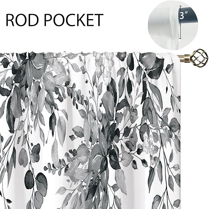 Eucalyptus Botanical Leaves Grey Floral Kitchen Window Curtains Over Sink Farmhouse Flower Leaf Small Window Treatment Cafe Short Curtains for Bathroom Treatment Tier Drapes 26x45 inch
