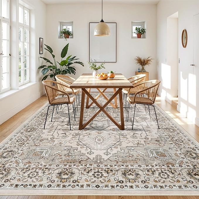 RUUGME Living Room 9x12 Rugs - Washable Large Boho Area Rugs for Stain Resistant Carpet Vintage Tribal Rugs for Bedroom Kitchen with Non Slip Backing Decor Floor Decoration Mat 9x12 Ivory