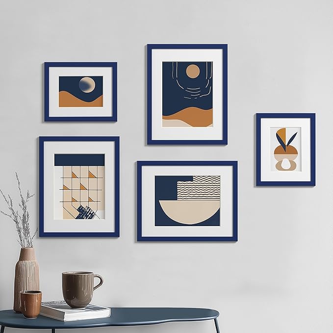 eletecpro 11x14 Picture Frames Set of 5, Gallery Wall Frame Display 8x10 Photo with Mat or 11x14 without Mat, Picture Frame Collage Wall Decor for Wall Mounting, Blue