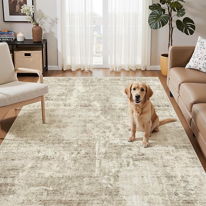 Soalmost 3x5 Rug, Small Area Rug for Kitchen, Entryway, Machine Washable Non-Slip Throw Rug, Vintage Carpet for Nursery Coffee Table Beige/Gray
