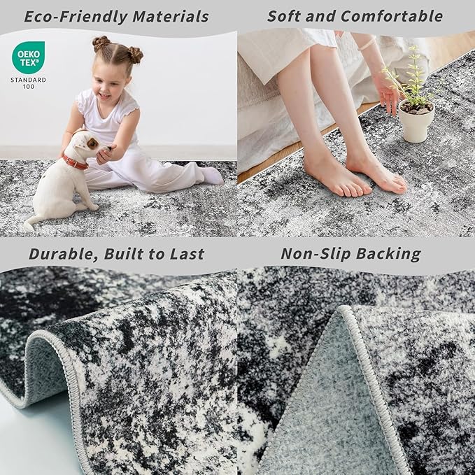 3x4 Washable Entryway Rug – Non-Slip Modern Abstract Small Area Rug for Kitchen, Bedroom, Bathroom – Soft Low-Pile Thin Indoor Door Mat（Black Grey, 3x4）