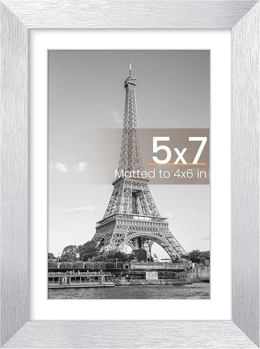 upsimples 5x7 Picture Frame, Display Pictures 4x6 with Mat or 5 x 7 Without, Wall Hanging Photo Frames, Silver, 1 Pack