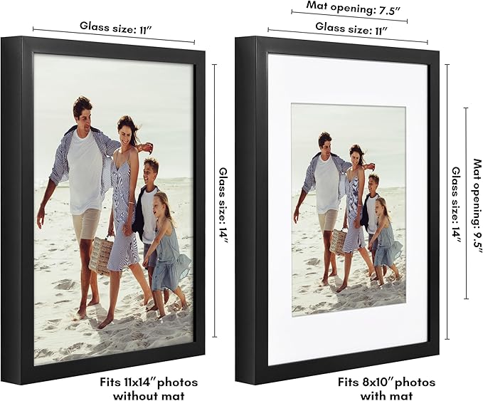 Americanflat 11x14 Picture Frame with Shatter-Resistant Glass - Use as 8x10 Frame with Mat or Display 11x14 Photo Without Mat - Soho Collection - Deep Molding Picture Frames for Wall Display - Black