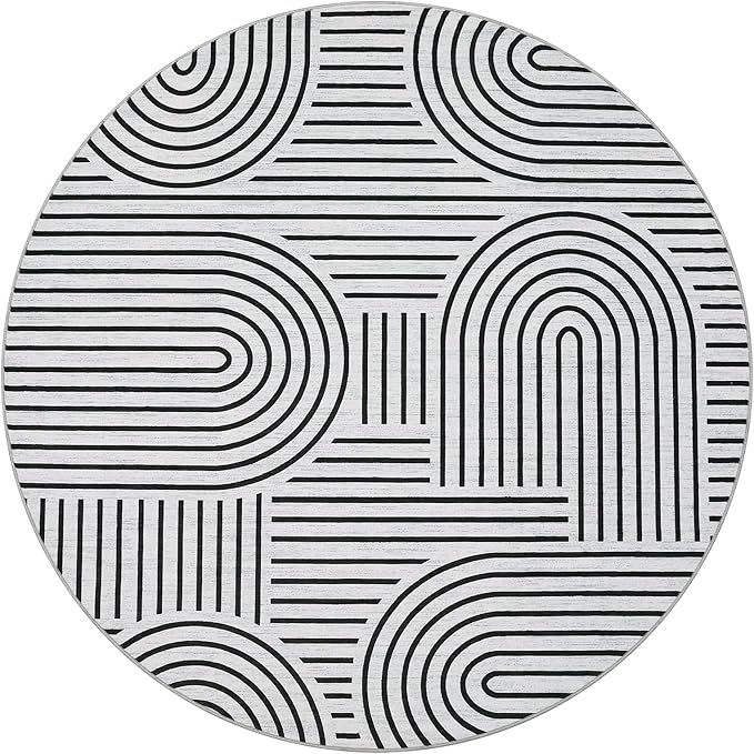 Washable Rug 4ft Area Rugs for Living Room, Abstract Rug for Bedroom, Soft Rainbow Non Slip Throw Rugs with Rubber Back, Low Pile Stain Resistant Boho Geometric Carpet for Dining Room,Blackwhite