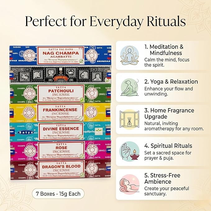 Satya Incense Gift Set Nag Champa, Super hit, Dragon's Blood, Frankincense, Patchouli, Rose, Divine Essensce, 15 g (Divine)