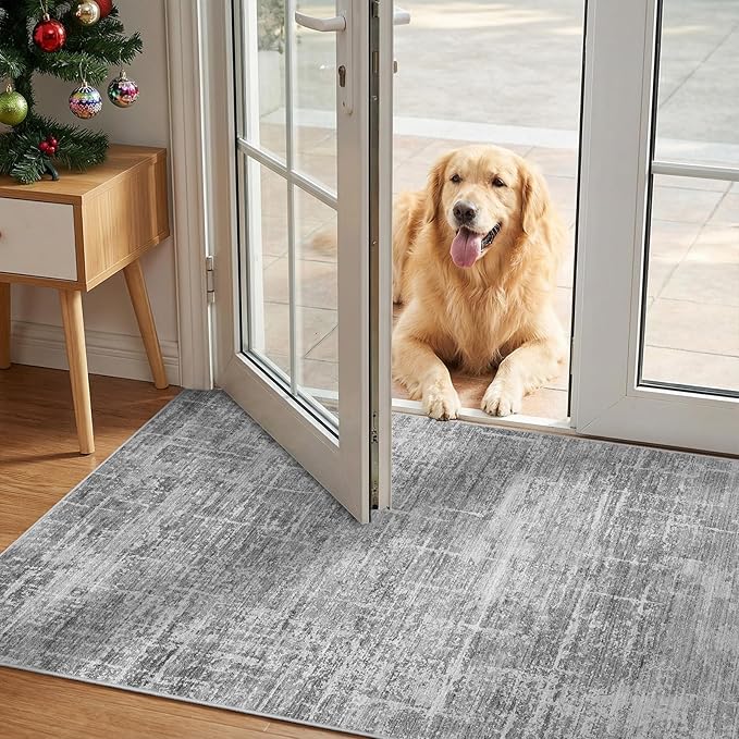 2x3 Washable Area Rug for Entryway - Small Abstract Neutral Kitchen Rug with Anti-Skid Rubber Backing Soft Low Pile Thin Carpet for Bedroom Bathroom Pet Feeding Zone (2x3, Gray)