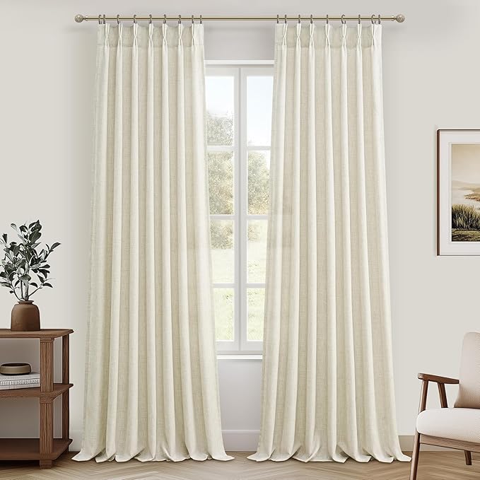 Cream Pinch Pleated Light Filtering Patio Sliding Glass Door Curtains 92 Inches Long 2 Panels Set, Memory Shape Natural Linen Blend Privacy Semi Sheer Country Curtain Window Drapes with Hooks & Rings