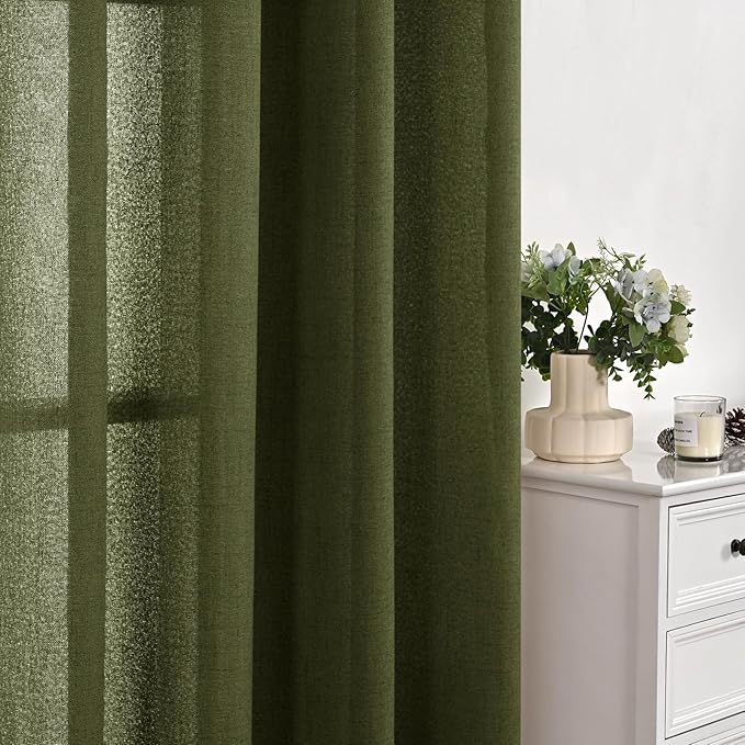 YoungsTex Olive Linen Curtains 95 Inches Long 2 Panels for Living Room, Dark Green Semi Sheer Drapes with Bronze Grommet Window Treatments Floor Length for Bedroom Dining, 52 X 95 Inch