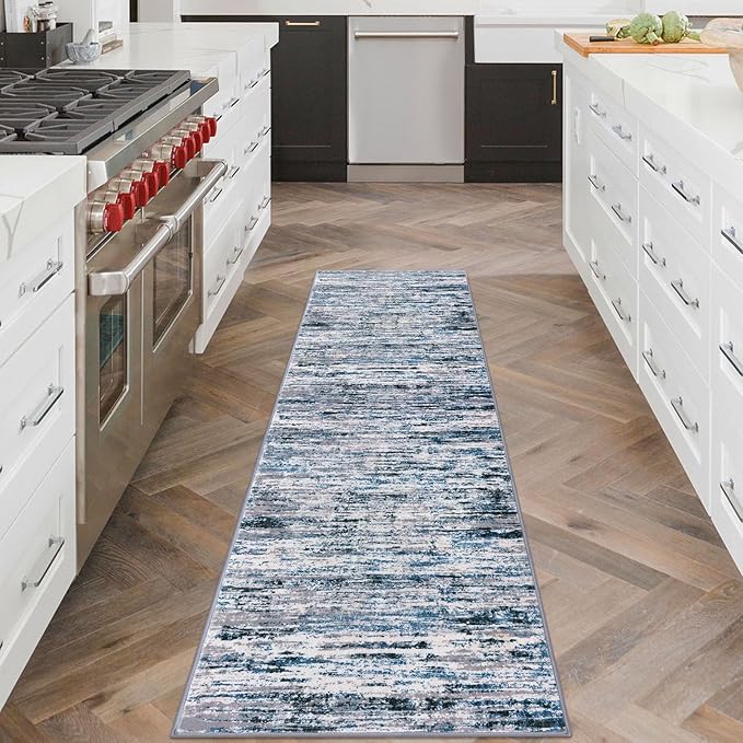 Lansny Modern Abstract Runner Rug 2x6, Grey Blue White Washable Kitchen Runner Non-Slip Soft Hallway Rug Runner Thin Print Faux Wool Carpet for Entryway Bedroom Laundry Room Indoor Home Decor