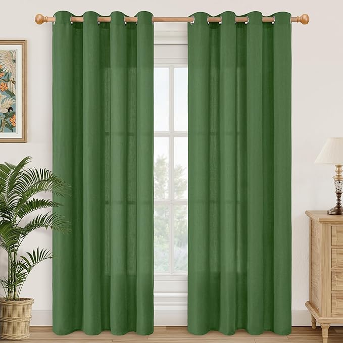 YoungsTex Forest Green Linen Curtains for Living Room 84 Inches Length, Grommet Light Filtering Drapes Privacy for Bedroom Dining Room Farmhouse Spring Decorative, 2 Panels, 52 X 84 Inch