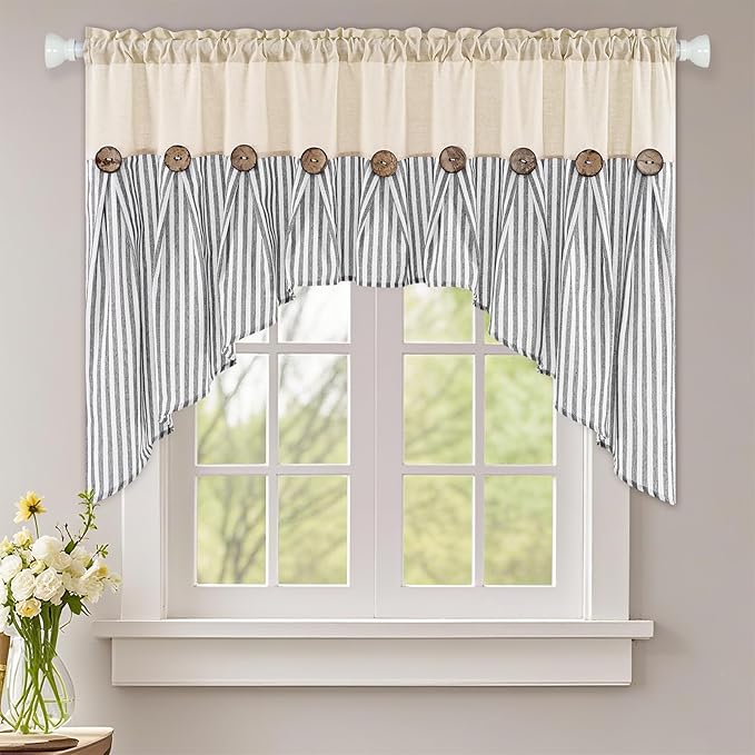 ASPMIZ Farmhouse Cotton Linen Swag Valances for Windows, Boho Kitchen Curtains Valances with Rustic Buttons, Grey Striped Window Treatments Curtain Valance for Bathroom Cafe, 61 x 36 Inch, 1 Panel