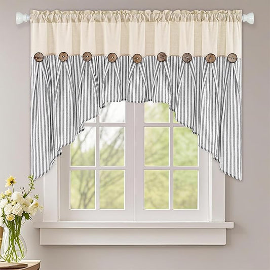 ASPMIZ Farmhouse Cotton Linen Swag Valances for Windows, Boho Kitchen Curtains Valances with Rustic Buttons, Grey Striped Window Treatments Curtain Valance for Bathroom Cafe, 61 x 36 Inch, 1 Panel
