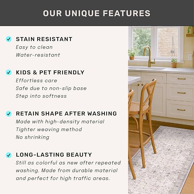 Hazo Haus Geometric 3x20 Wide Hallway Runner - Light Gray with Taupe Accent, Boho Floral Pastel Decor, Washable Low Pile Non Slip Stain Resistant Rug for Long Kitchen, Hall Way