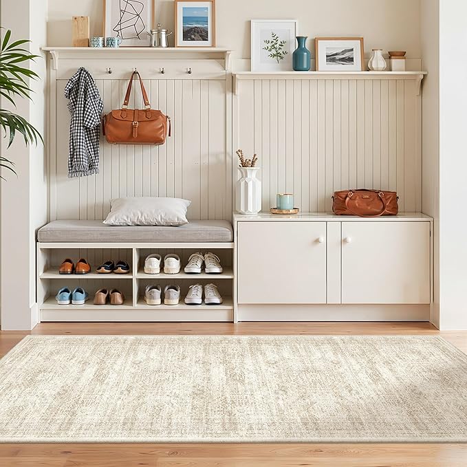 Washable Runner Rugs for Bedroom - 2x6 Runner Rug Non Slip, Ultra-Thin Entryway Runner, Soft Abstract Kitchen Runner for Hallway, Laundry, Bathroom, Indoor Door Mat(2'x6', Beige/Ivory)
