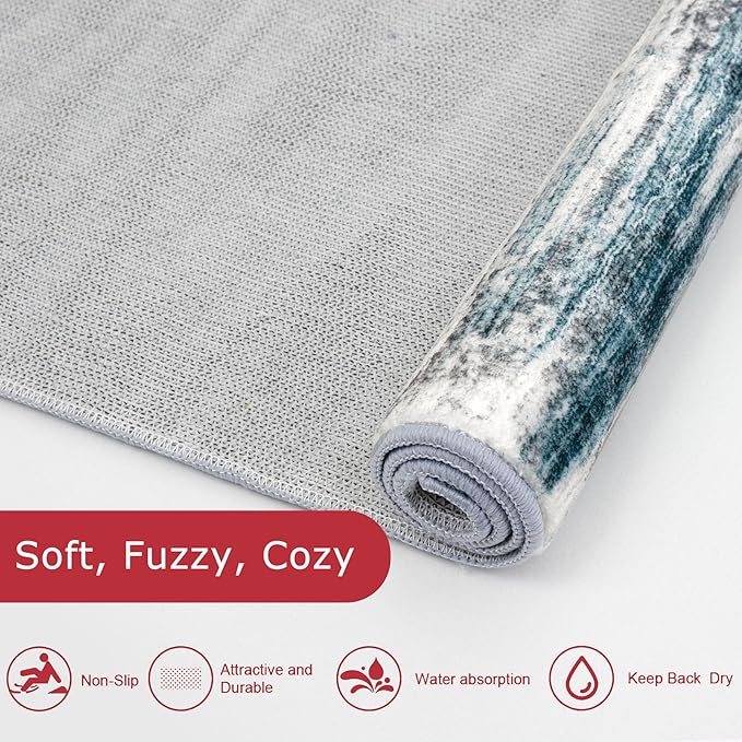 KOZYFLY Area Rug 8x10 Modern Living Room Rug, Washable Large Thin Rugs Non-Slip Soft Striped Rug for Bedroom, Print Blue Abstract Carpet for Laundry/Kid Room