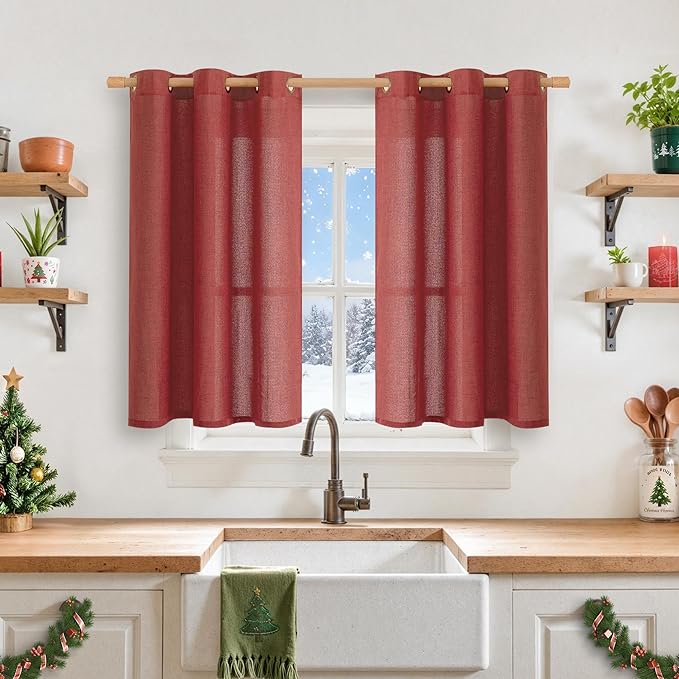 YoungsTex Burgundy Red Linen Curtains 40 Inch Length, Short Light Filtering Drapes with Bronze Grommet Privacy Lightweight for Kitchen Living Room Window, 42 x 40 Inch, 2 Panels