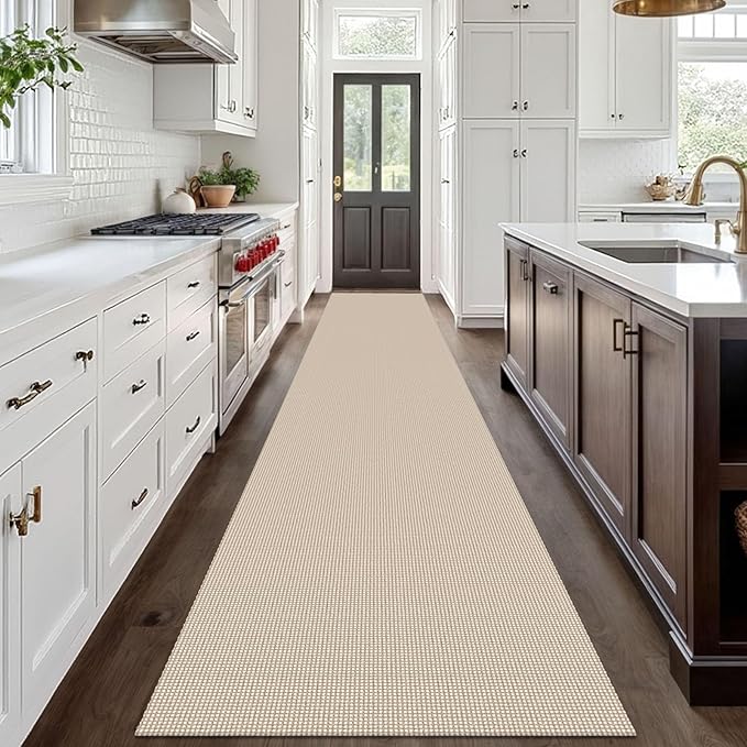 IOHOUZE Washable Exrea Long Hallway Runner Rug 3x18 Non Slip Rubber Backed Kitchen Runner Entryway Runner Indoor, Woven Rugs Floor Carpet for Kitchen Hall Entryway, Beige/Khaki