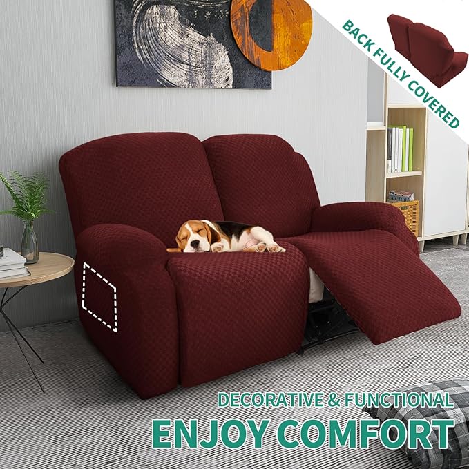 YEMYHOM 6 Pieces Stretch Loveseat Recliner Slipcover Jacquard Recliner Sofa Cover with Side Pocket Fitted Recliner Cover Couch Furniture Protector with Elastic Bottom (Loveseat Recliner, Wine Red)