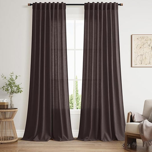 Cocoa Coffee Linen Curtains 90 Inch Long 2 Panels Set for Bedroom Living Room, Soft Linen Textured Window Drapes Semi Sheer Light Filtering Rod Pocket Back Tab Morden Style 52x90