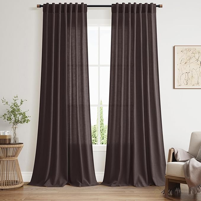 Nanspring Cocoa Coffee Linen Blend Light Filtering Back Tab Curtains 96 Inches Long, Semi Sheer Privacy Drapes for Living Room & Bedroom, 52x96 inch, 2 Panels