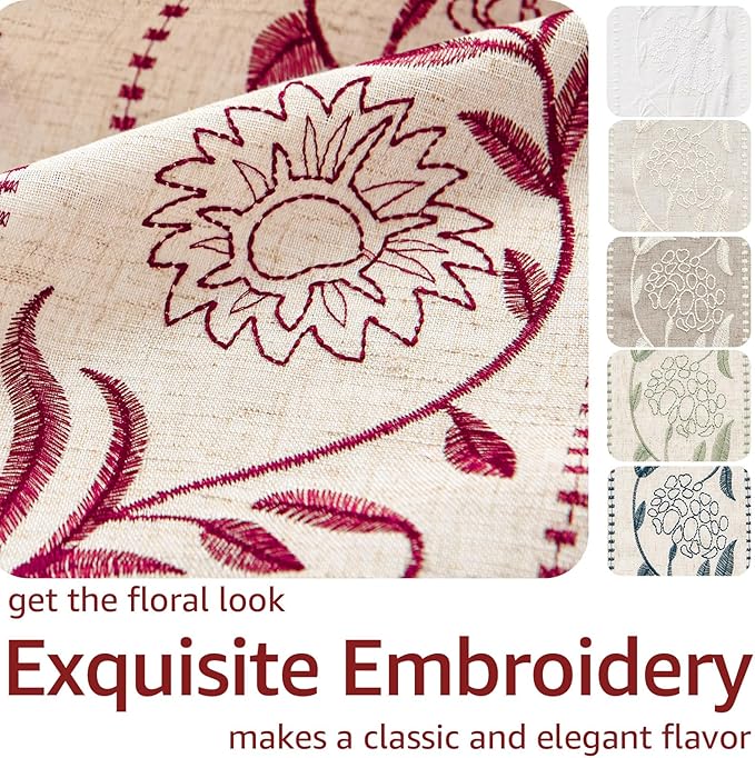 jinchan Winslow Linen Curtains for Bedroom 63 Inches Length Embroidered Bordered Floral Curtains for Living Room Farmhouse Decor Light Filtering Window Treatments Red on Beige Drapes 2 Panels