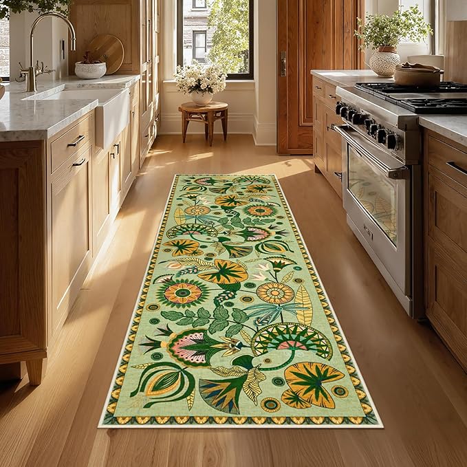 Joydeco Egypt Floral Boho 2x8 Hallway Bathroom Runner Rug, Washable Sage Green Soft Kitchen Rugs Runner Non Slip, Vintage Low Pile 8ft Long Carpet for Entrance Laundry Bath Room
