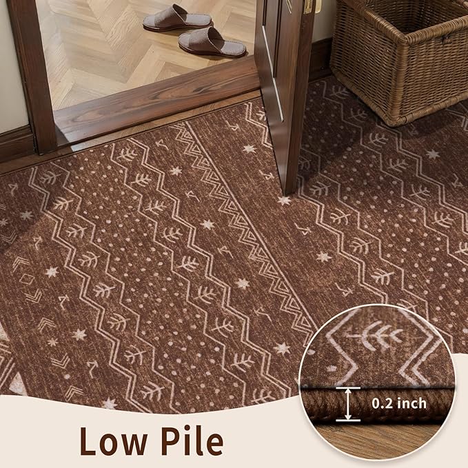 SERISSA Hallway Runner Rug, 2'6"x8' Washable Non-Slip Coffee Brown Boho Rug, Soft Low-Pile Geometric Indoor Long Carpet for Kitchen Laundry Room Bathroom