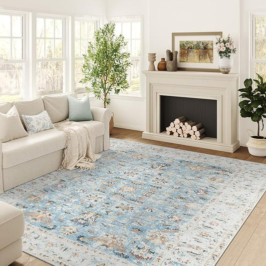 jinchan Area Rug 8x10 Living Room Rug - Washable Vintage Large Boho Floral Floor Cover Lightweight Low Pile Thin Non-Slip Retro Distressed Carpet for Bedroom Dining Room Kitchen Office Light Blue