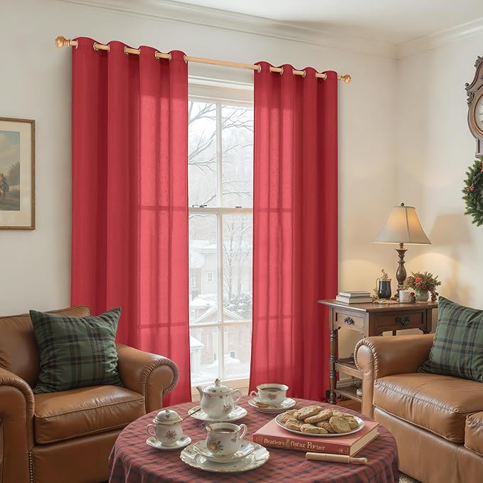 YoungsTex Red Linen Curtains 90 Inches Length for Living Room, Light Filtering Drapes Privacy with Grommet for Bedroom Dining Room, 2 Panels, 52 X 90 Inch