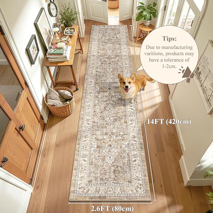 LOKHOM Washable Runner Rug, 2.6x14 Non-Slip Vintage Long Hallway Runner Rugs with Rubber Backing, Boho Soft Distressed Kitchen Rug Floor Carpet Runner for Hallway Laundry Entryway Bedroom(Beige Brown)