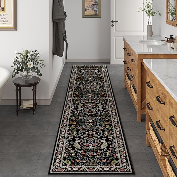 Rugcomf 2'7"x14' Long Hallway Runner Rug - Floral Washable Non Slip Boho Carpet for Kitchen, Entryway, Hall, Bathroom - Vibrant Black