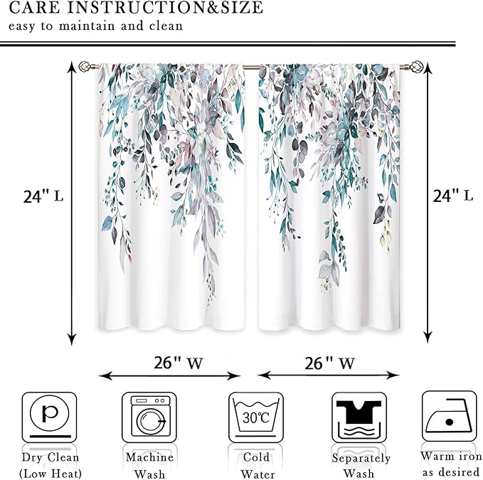 Blue Grey Eucalyptus Botanical Leaves Floral Kitchen Window Curtains Over Sink Farmhouse Flower Leaf Small Window Treatment Cafe Short Curtains for Bathroom Treatment Tier Drapes 26x24 inch
