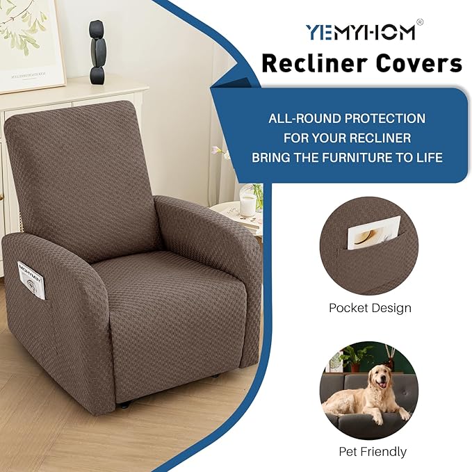 YEMYHOM 3 Pieces Stretch Recliner Slipcover Latest Jacquard Small Recliner Chair Cover with Side Pocket Anti-Slip Fitted Furniture Protector with Elastic Bottom (X-Small Recliner, Light Coffee)