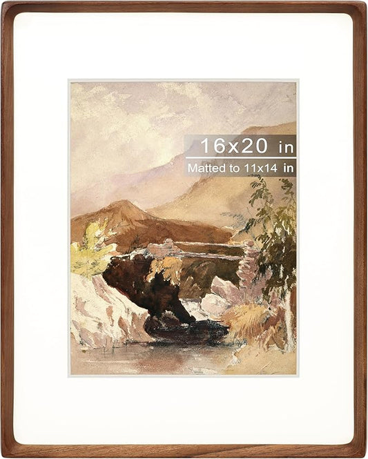 16x20 Picture Frame with Mat for 11x14, Natural Walnut Wood Handcrafted Rounded Corner with Plexiglass, Vertical or Horizontal Display Photo Gallery Poster Wall Mounting Frame