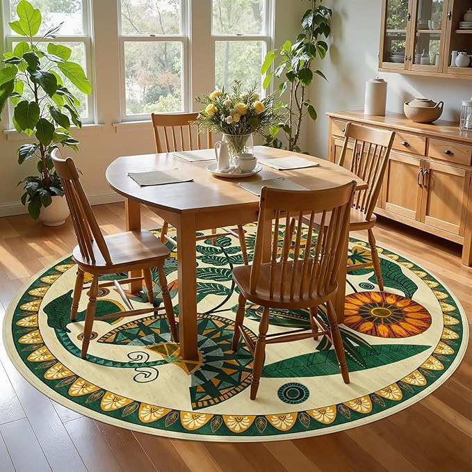 Joydeco Egypt Floral Boho Round Rugs 6FT, Washable Circle Area Rug for Bedroom Living Room Playroom, Vintage Beige Non Slip Circular Throw Carpet for Nursery Dorm Classroom Dining Room